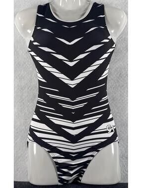 GK Elite Gymnastics Dance Adult XS Black Striped Leotard NWT